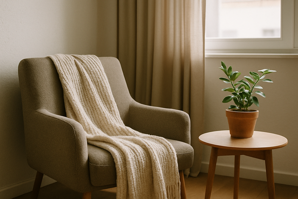 alt_text: Cozy living room corner featuring an armchair, throw blanket, and a potted plant on a table.