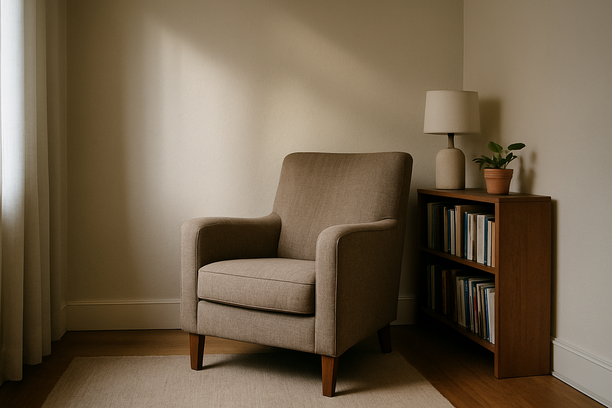 alt_text: A calm living room corner with natural light, featuring an armchair and a bookshelf.