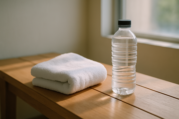 alt_text: A gym towel and a water bottle resting on a clean wooden bench bathed in soft natural light.