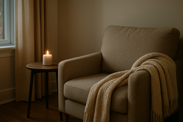 alt_text: A tranquil living room corner with a cozy chair, blanket, and a softly glowing candle.