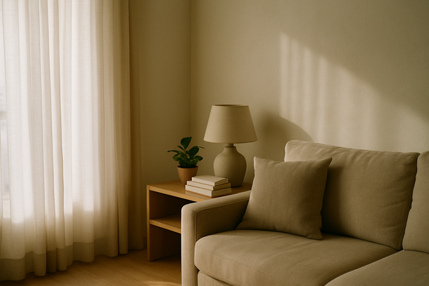 alt_text: A serene living room corner bathed in soft morning light, creating a tranquil ambiance.
