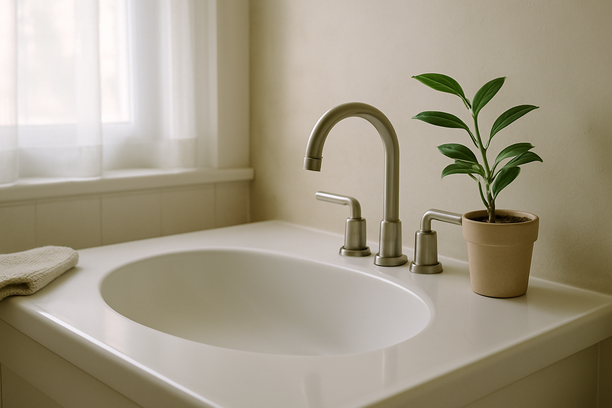 alt_text: Serene bathroom sink with a potted plant and soft natural light streaming through a window.