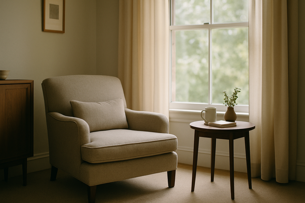 alt_text: Serene living room corner with a cozy chair, side table, and soft natural light from a window.