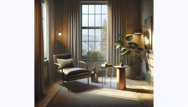 alt_text: A cozy living room corner with a chair and a side table bathed in soft, warm light.