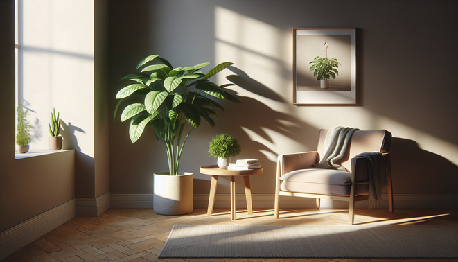 alt_text: A serene living room corner with a plant and an empty chair, glowing in gentle morning light.