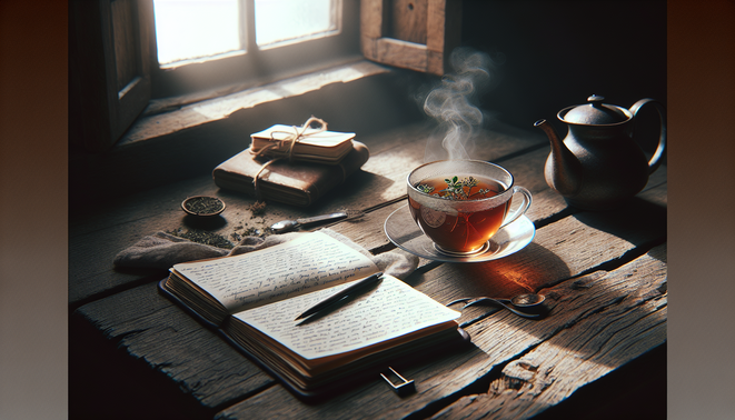 alt_text: An open journal and a steaming cup of herbal tea on a wooden table in soft morning light.