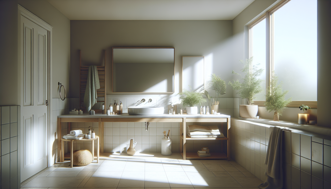 alt_text: A bright, minimal bathroom sink area with soft decor and natural light. No people present.
