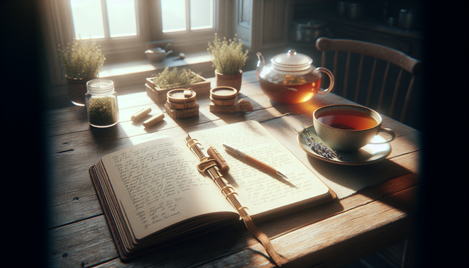 alt_text: A journal and a cup of herbal tea on a table, illuminated by natural morning light.