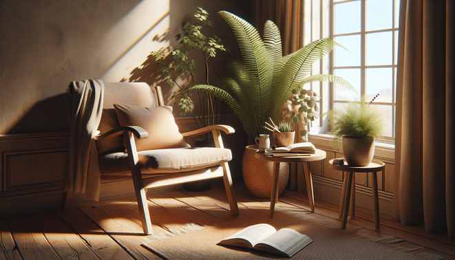 alt_text: Cozy living room corner with a chair, small table, potted plant, and open journal.