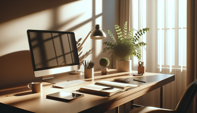 alt_text: A minimal desk setup featuring an open journal, a pen, and a potted plant, bathed in soft light.