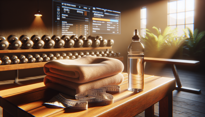alt_text: A gym towel and water bottle rest on a wooden bench, warmly lit, post-exercise tranquility.