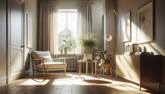 alt_text: A serene living room corner with a cozy armchair and a plant, softly lit by afternoon sunlight.