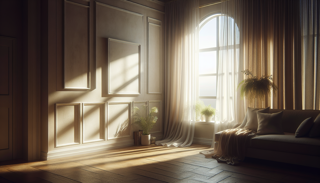 alt_text: A peaceful living room corner bathed in soft light, featuring shadows from sheer curtains.