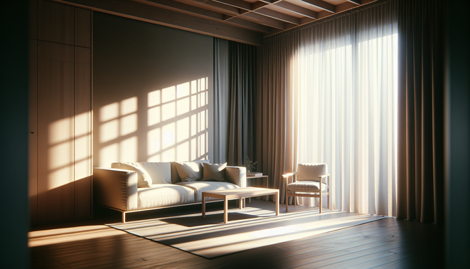 alt_text: A tranquil living room corner illuminated by soft afternoon light through a semi-closed curtain.