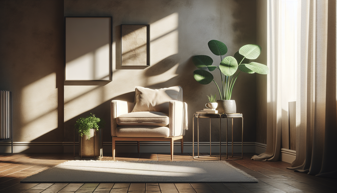 alt_text: A tranquil living room corner with a plush chair, a side table, and a green plant in morning light.