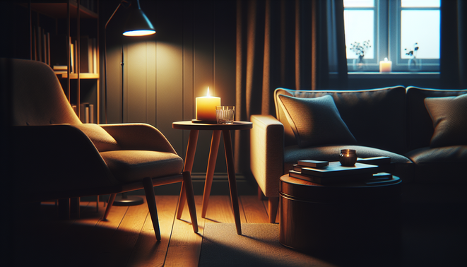 alt_text: A serene living room corner with a cozy chair and a candle on the side table, softly lit.