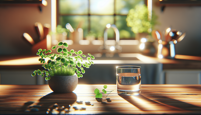 alt_text: A glass of water and a small plant create a serene atmosphere on a tidy kitchen countertop.