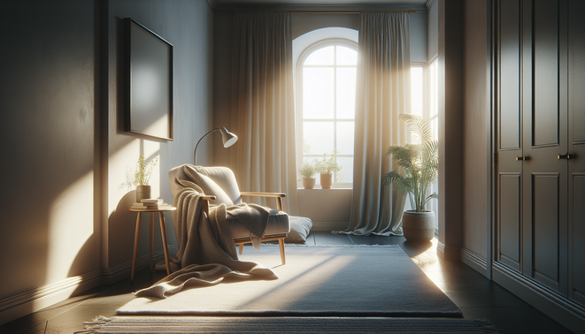 alt_text: A serene living room corner with a chair and a throw, bathed in gentle morning light.