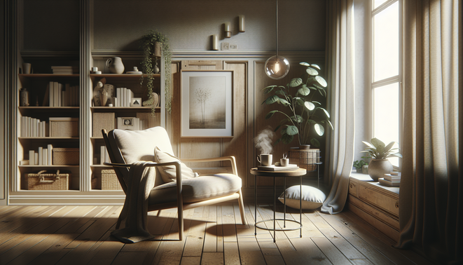 alt_text: A cozy living room corner features a soft chair and a side table with a steaming mug.