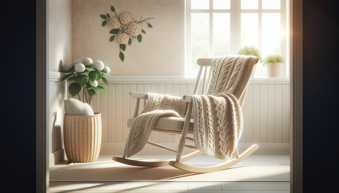 alt_text: A cozy knitted blanket draped on a rocking chair in a softly lit nursery corner.