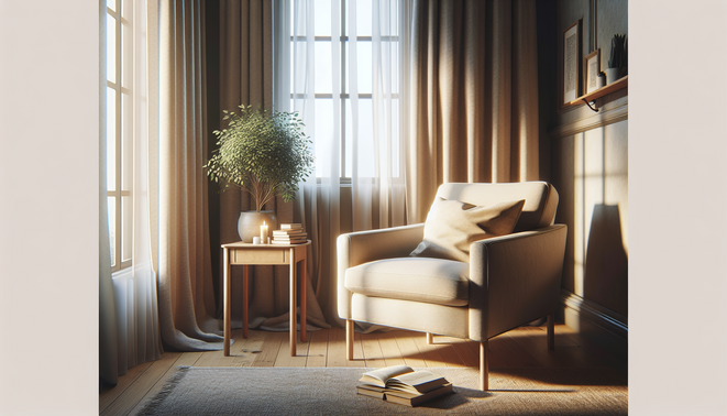 alt_text: A serene living room corner with an armchair and books, softly lit by natural sunlight.