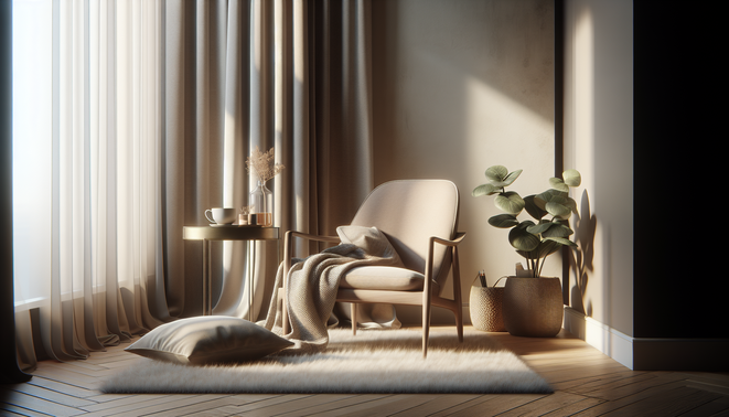 alt_text: A serene living room corner with a cozy chair and a half-full cup of tea on a side table.