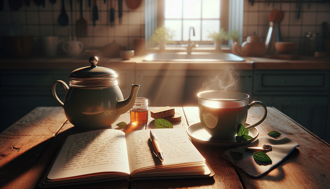 alt_text: Morning light illuminates a cup of herbal tea next to an open journal and a resting pen.
