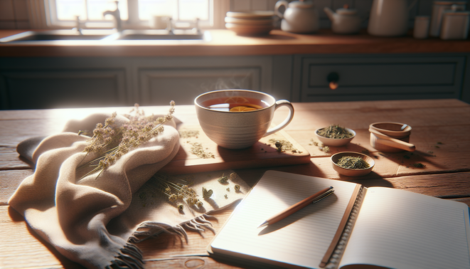 alt_text: A cozy kitchen table with an untouched cup of herbal tea, a notebook, and a draped scarf.