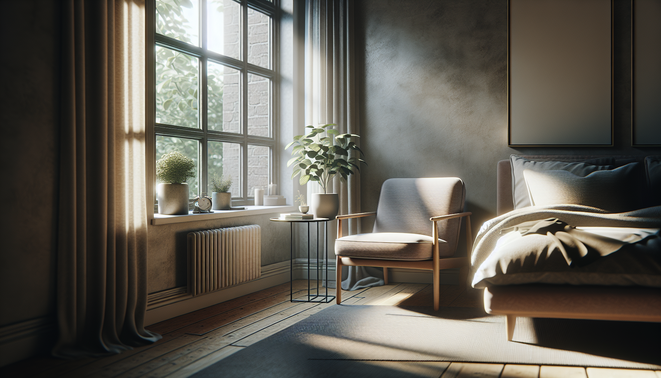 alt_text: A bright living room corner with soft light, showcasing a chair and plant, creating a serene vibe.