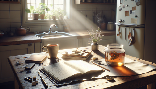 alt_text: A journal and cup of herbal tea on a kitchen table, bathed in soft morning light.