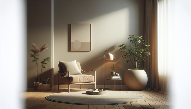 alt_text: A serene living room corner with an armchair and a plant, illuminated by natural light.
