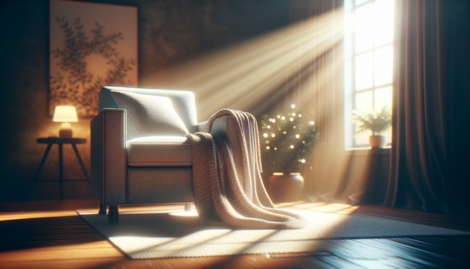 alt_text: A cozy armchair with a softly folded blanket in a sunlit corner of a warm, inviting room.