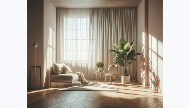 alt_text: A softly lit minimalist living room corner featuring a plant and cozy seating.