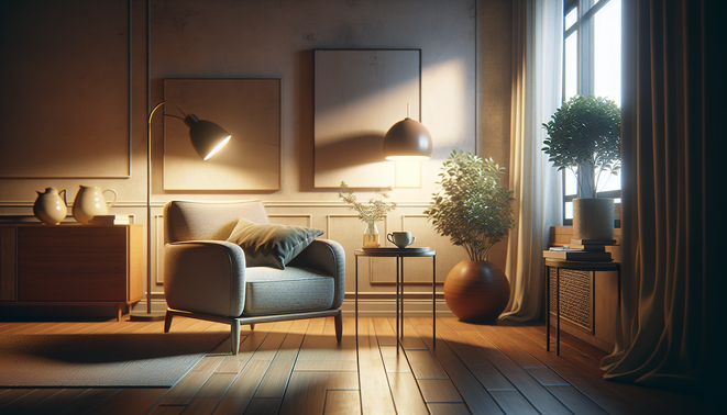 alt_text: A cozy living room corner with a warm armchair and an untouched cup of herbal tea on a table.