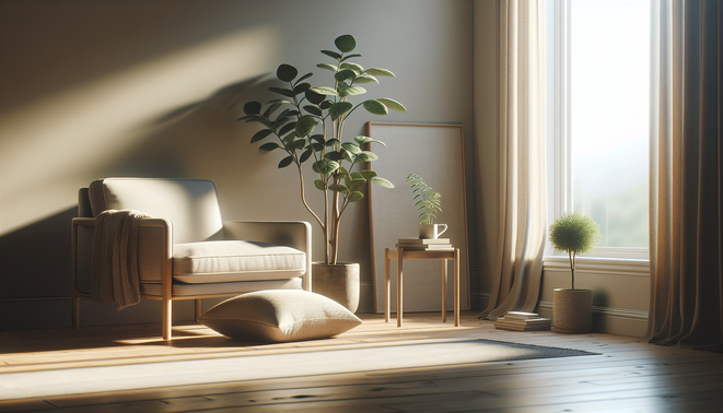 alt_text: A bright, simple living room corner with an armchair and a small plant.