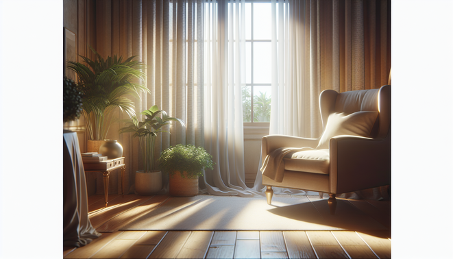 alt_text: Cozy living room corner bathed in morning light, featuring an armchair and a potted plant.
