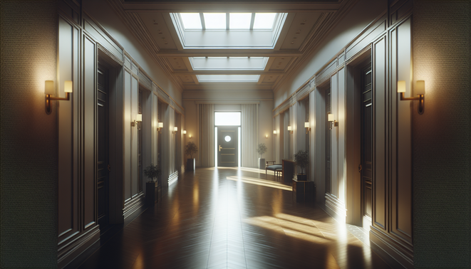 alt_text: A serene hallway with soft light and a closed door, inviting calm and introspection.