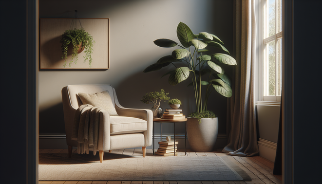 alt_text: Cozy living room corner with an armchair, table, plant, and books, exuding a calming vibe.
