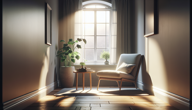 alt_text: A serene living room corner with gentle morning light, a cozy chair, and a plant on a side table.