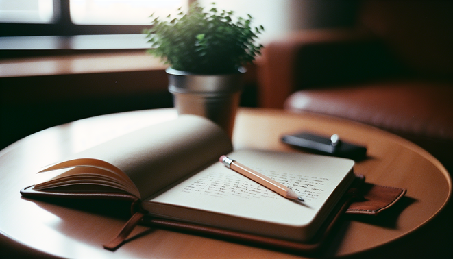 alt_text: An open journal with a pencil on a coffee table, accompanied by a potted plant.