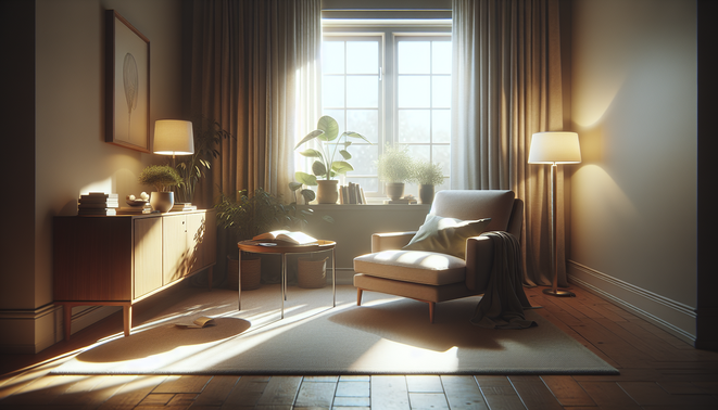 alt_text: A serene living room corner with an armchair and a side table, illuminated by warm afternoon light.