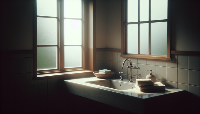 alt_text: A serene bathroom sink, soft light filtering through a frosted window, with a towel nearby.
