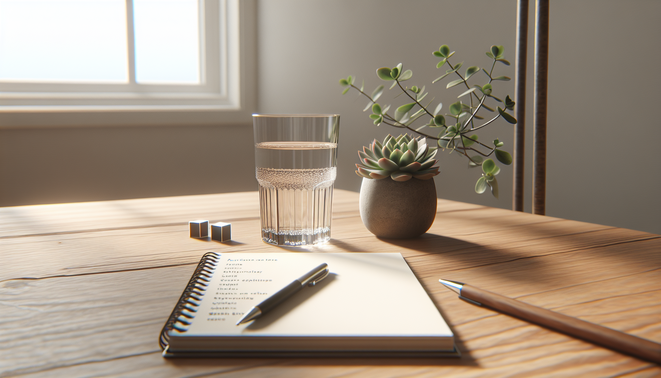 alt_text: A wooden table featuring a glass of water, a succulent plant, and a notepad with a pen.