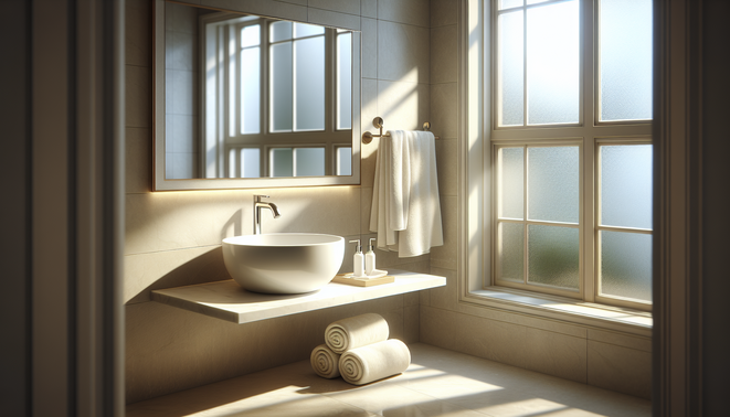 alt_text: A serene bathroom sink bathed in soft light, featuring fresh towels and a tranquil ambiance.