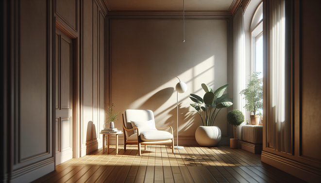 alt_text: Peaceful living room corner with an armchair and a potted plant, illuminated by soft afternoon light.