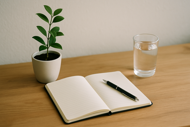alt_text: A wooden desk featuring a potted plant, an open notebook, a pen, and a glass of water.