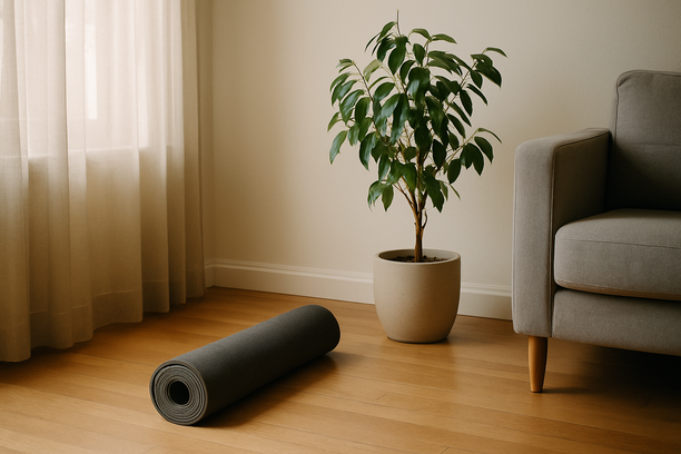 alt_text: A serene living room corner with a yoga mat and potted plant, bathed in gentle light.