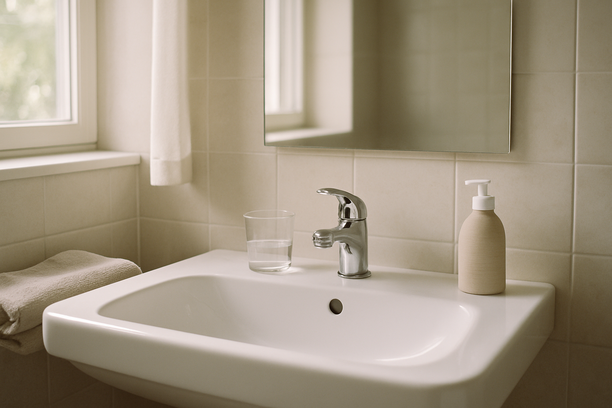 alt_text: A minimal bathroom sink area bathed in soft natural light, featuring a tidy reflection in the mirror.