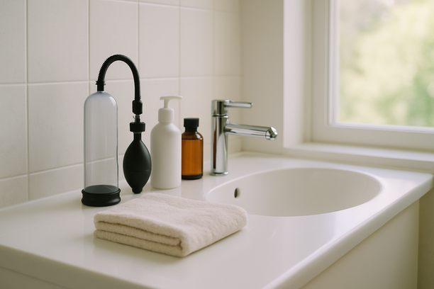 alt_text: A bright, minimal bathroom sink with toiletries and a neatly folded towel.