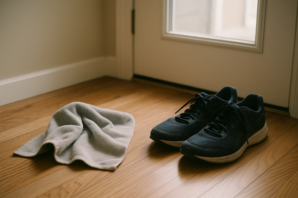 alt_text: A gym towel and running shoes on a hardwood floor, indicating a recent workout session.